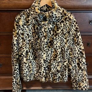 Leopard print faux fur shirt jacket